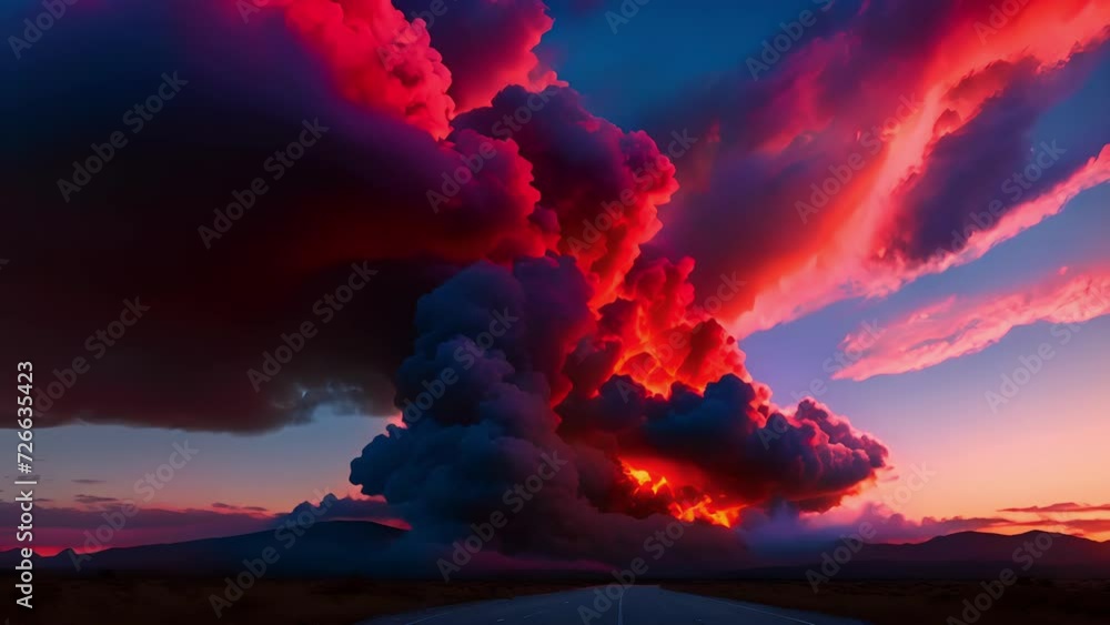 Poster the sky is set ablaze with fiery clouds creating a stunning contrast with the blue backdrop.