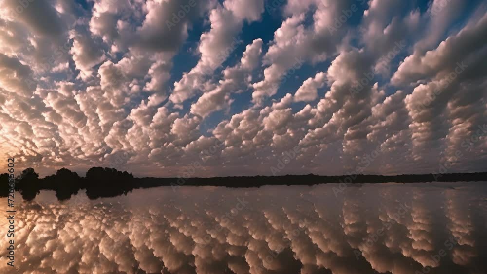 Poster A captivating sight of Altocumulus Castell clouds at dusk giving the sky a majestic and grandiose appearance.