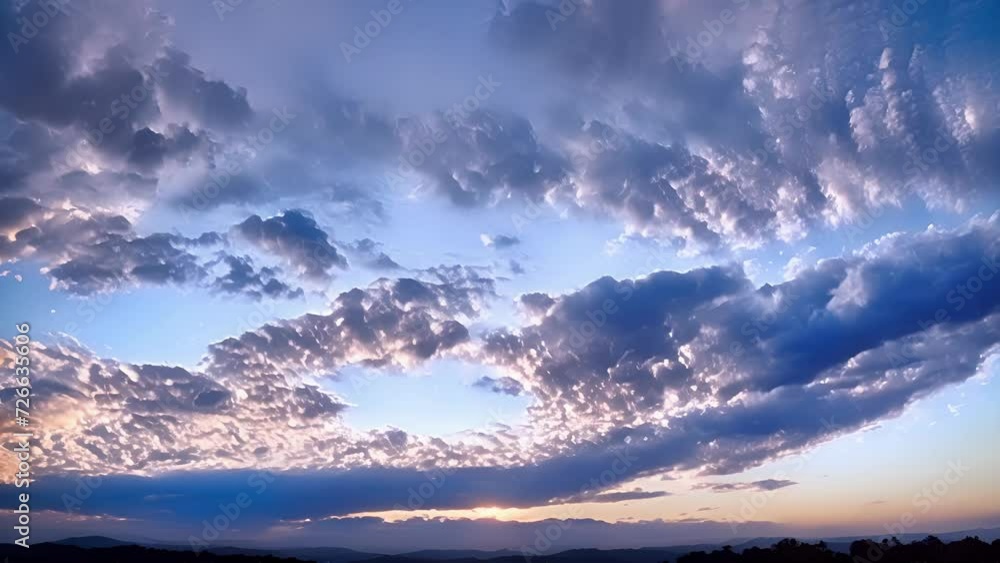 Poster The sky is transformed into a majestic canvas as Altocumulus Castell clouds reach their peak at dusk.