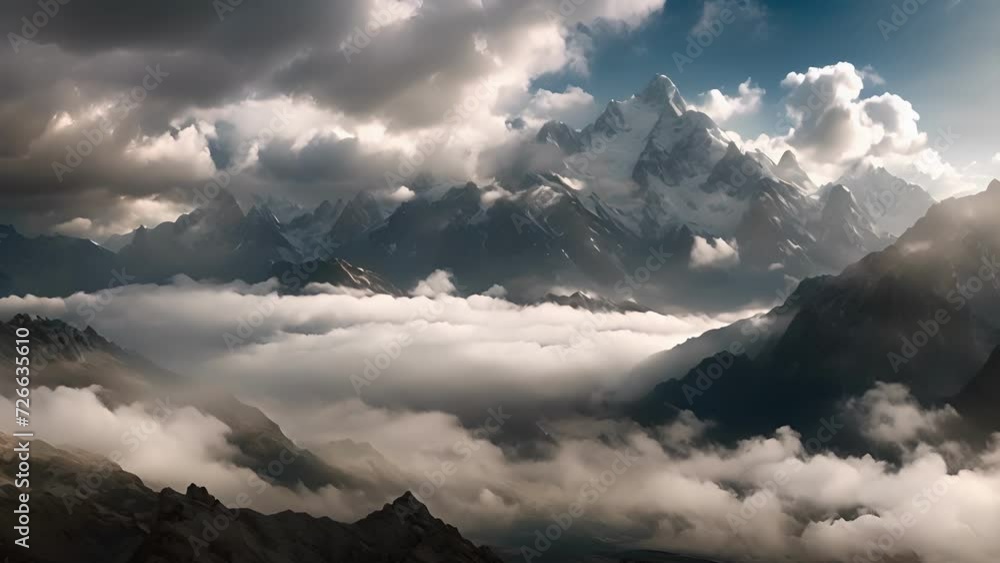 Poster The sky dances with the gathering of moody grey clouds over the majestic mountains.