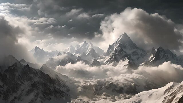 A storm brews above the majestic peaks as the clouds gather and swirl.