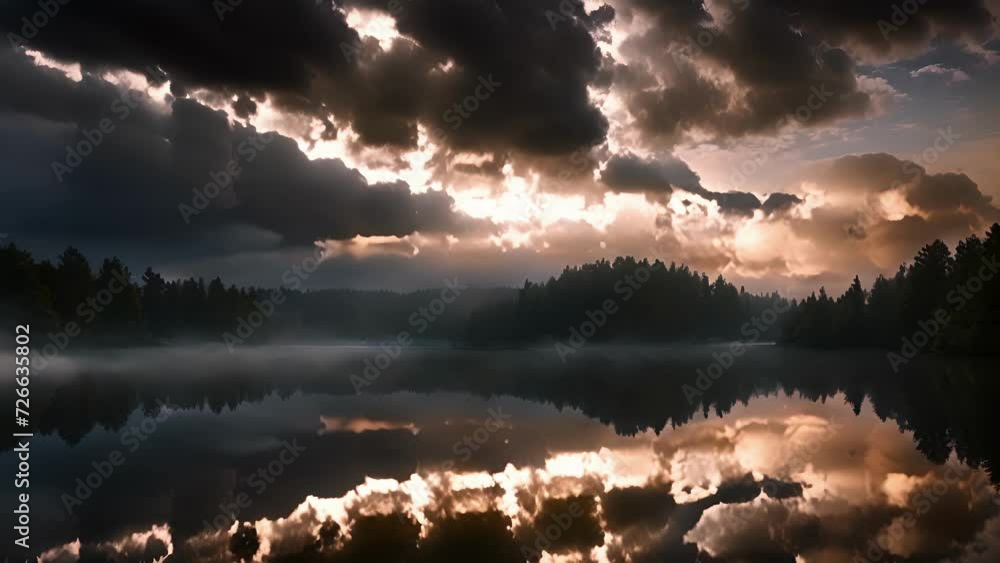 Poster A mesmerizing scene of dark swirling clouds mirrored in the shimmering surface of a tranquil lake.