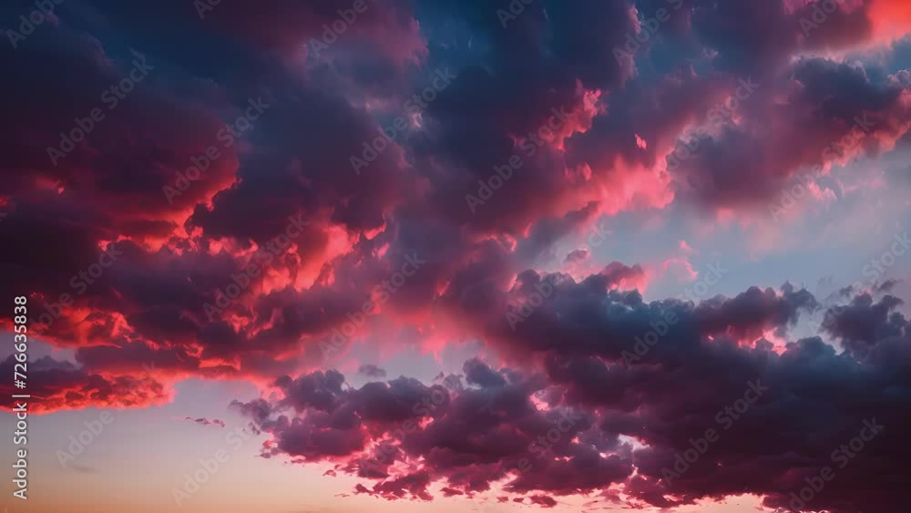 Poster A stunning contrast of deep reds and pale blues play out in the sky as the sunset illuminates the radiating cirrus clouds.