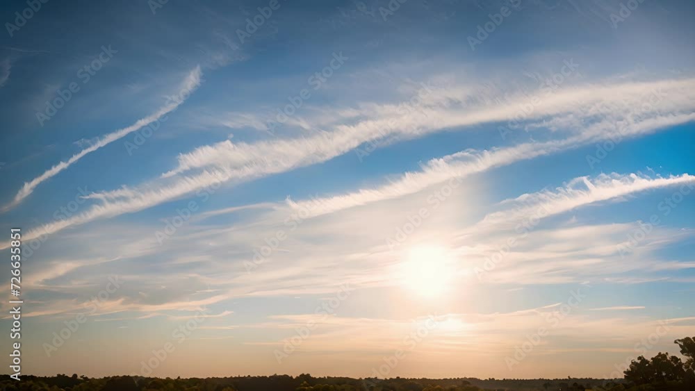 Poster The tranquil beauty of the sky is enhanced by the delicate wisps of cirrus clouds that spread outwards from the sun.
