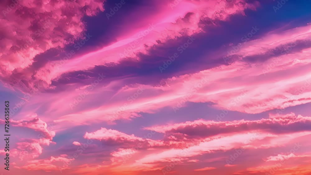 Poster Amidst a sea of fiery pink and orange the delicate cirrus clouds take on a life of their own radiating from the blazing sun.