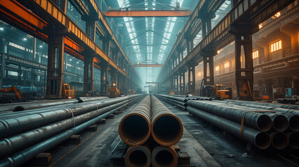 Stack of steel pipes in an industrial factory, manufacturing plant or metallurgical plant. Industrial scene. - obrazy, fototapety, plakaty