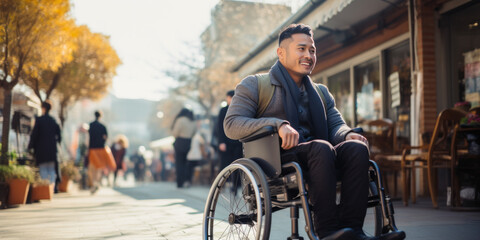Confident Man in Wheelchair Outdoors - obrazy, fototapety, plakaty