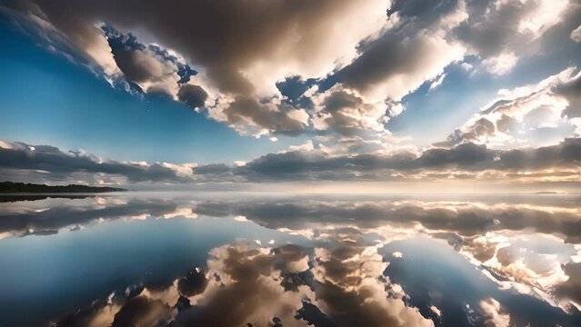 The sky and water seem to merge in one powerful image as ethereal clouds are mirrored in the reflective surface of the lake.