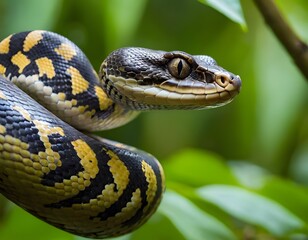 Obraz premium Black and Yellow Poisonous snake slides between jungle leaves, Generative AI