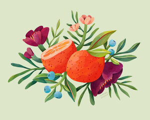 Orange And Flowers Composition, Oranges And Berries With Leaves