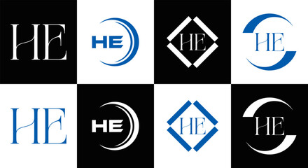 HE logo. H E design. White HE letter. HE, H E letter logo SET design. Initial letter EE linked circle uppercase monogram logo. H E letter logo SET vector design. HE letter logo design	
