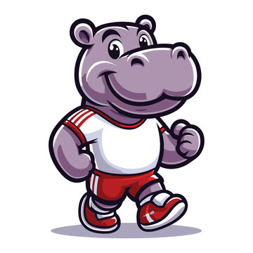 Cute adorable hippopotamus with sport dress cartoon mascot character vector illustration, hippo flat design template isolated on white background