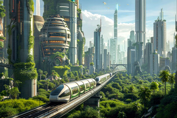 future city. futuristic, green city with tall buildings. smart, technological city
