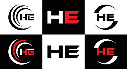 HE logo. H E design. White HE letter. HE, H E letter logo SET design. Initial letter EE linked circle uppercase monogram logo. H E letter logo SET vector design. HE letter logo design	
