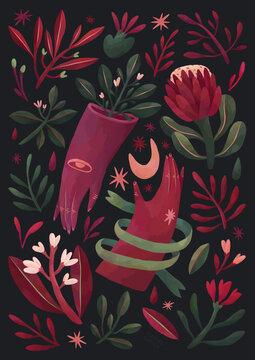 Midnight Bloom, Dark Mystical Illustration With Hands, Flowers, Plants, Stars