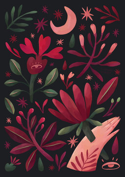 Midnight Bloom, Dark Mystical Illustration With Hands, Flowers, Plants, Stars
