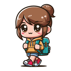 Cute little children stand with backpack, smiling kid heading to school cartoon character, vector illustration isolated on white background