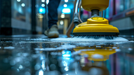Floor scrubber cleaning the floor, with chemicals, low angle. - obrazy, fototapety, plakaty