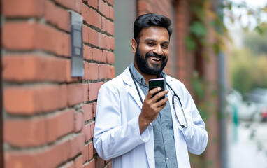 
um médico indiano de 35 anos falando ao celular com alguém, aparência agradável - obrazy, fototapety, plakaty