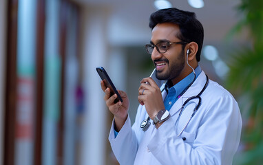 
um médico indiano de 35 anos falando ao celular com alguém, aparência agradável - obrazy, fototapety, plakaty