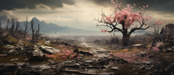 Spring Rebirth in a Desolate Land - obrazy, fototapety, plakaty
