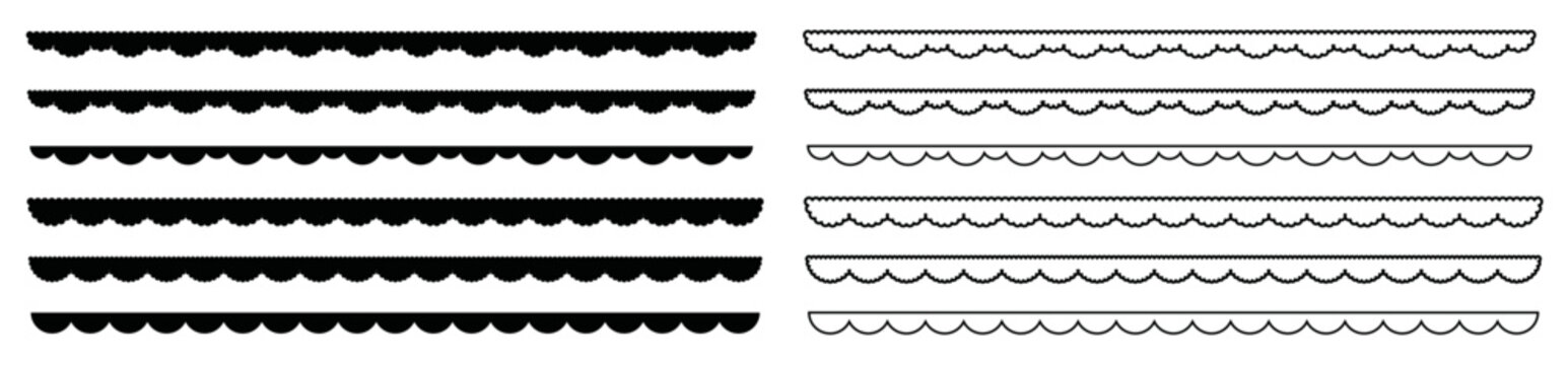 Outline silhouette scalloped border collection. Scallop edge shape silhouette set isolated on transparent.