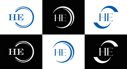 HE logo. H E design. White HE letter. HE, H E letter logo SET design. Initial letter EE linked circle uppercase monogram logo. H E letter logo SET vector design. HE letter logo design	
