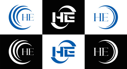 HE logo. H E design. White HE letter. HE, H E letter logo SET design. Initial letter EE linked circle uppercase monogram logo. H E letter logo SET vector design. HE letter logo design	
