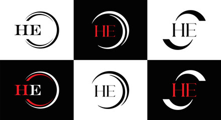 HE logo. H E design. White HE letter. HE, H E letter logo SET design. Initial letter EE linked circle uppercase monogram logo. H E letter logo SET vector design. HE letter logo design	

