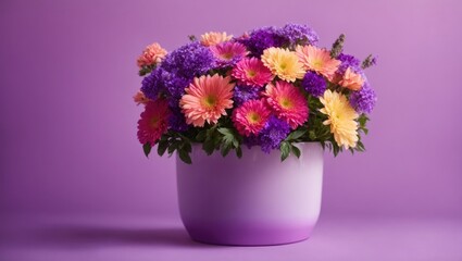 bouquet of pastel spring flowers on purple background, Beautiful bouquet, vibrant color, orange, wedding, minimal, Attractive bouquet