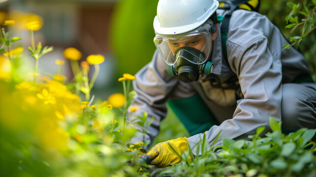 Professional Pest Extermination. Worker in full protective gear starting his job outside.