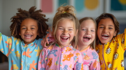 Diverse group of young girls having a pajama sleepover party.