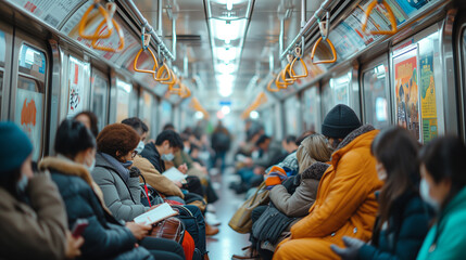 Passengers inside a subway train commuting. - obrazy, fototapety, plakaty