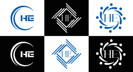 HE logo. H E design. White HE letter. HE, H E letter logo SET design. Initial letter EE linked circle uppercase monogram logo. H E letter logo SET vector design. HE letter logo design	
