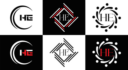 HE logo. H E design. White HE letter. HE, H E letter logo SET design. Initial letter EE linked circle uppercase monogram logo. H E letter logo SET vector design. HE letter logo design	

