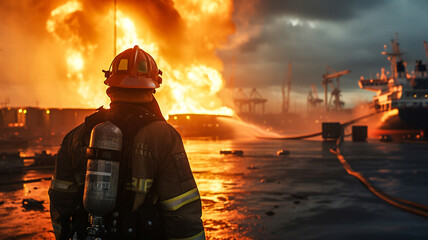 Dramatic scence male firefighter with fire incident in port , cargo vessel explosion ,cargo ship explosion .