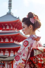 Obraz premium Ancient pavilion and blooming sakura branches in Fushimi Inari shrine. Spring time in Kyoto, Japan. Sakura blossom season. Cherry blossoming season in Asia. Japanese hanami festival