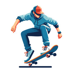 Obraz premium Man playing skateboard vector illustration, skateboarding sport game male player in action flat design style template isolated on white background