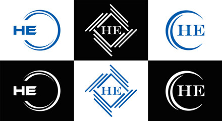 HE logo. H E design. White HE letter. HE, H E letter logo SET design. Initial letter EE linked circle uppercase monogram logo. H E letter logo SET vector design. HE letter logo design	
