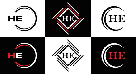 HE logo. H E design. White HE letter. HE, H E letter logo SET design. Initial letter EE linked circle uppercase monogram logo. H E letter logo SET vector design. HE letter logo design	
