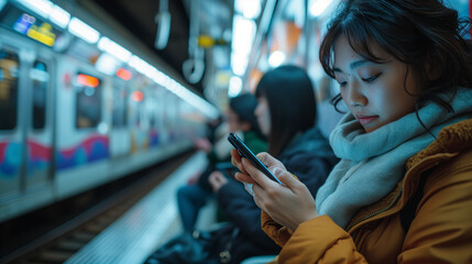Asian woman waiting for a subway train while navigating social media on her phone. - Powered by Adobe