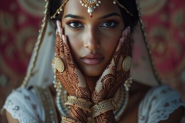 Obraz premium Regal charm in a tight close-up: Indian woman adorned in traditional jewelry, intricate henna patterns symbolizing celebrations and auspicious occasions.