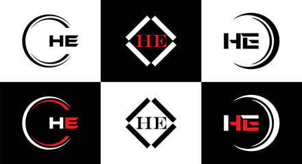HE logo. H E design. White HE letter. HE, H E letter logo SET design. Initial letter EE linked circle uppercase monogram logo. H E letter logo SET vector design. HE letter logo design	
