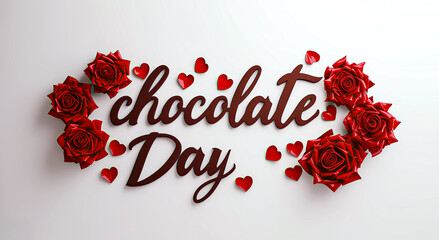 3d chocolate day text with red roses and pieces of small red hearts