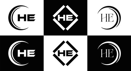 HE logo. H E design. White HE letter. HE, H E letter logo SET design. Initial letter EE linked circle uppercase monogram logo. H E letter logo SET vector design. HE letter logo design	
