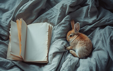 maquete em branco do diário de capa dura fechado, deitado na cama, um coelho está dormindo ao lado dele, vista de cima para baixo - obrazy, fototapety, plakaty