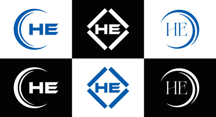 HE logo. H E design. White HE letter. HE, H E letter logo SET design. Initial letter EE linked circle uppercase monogram logo. H E letter logo SET vector design. HE letter logo design	
