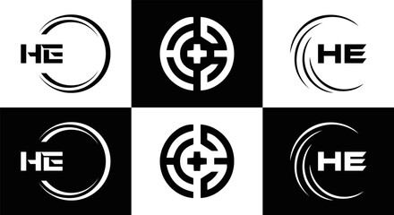 HE logo. H E design. White HE letter. HE, H E letter logo SET design. Initial letter EE linked circle uppercase monogram logo. H E letter logo SET vector design. HE letter logo design	
