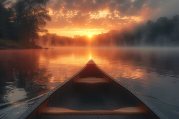 An image of a canoe gliding peacefully through a mist-covered lake at sunrise, capturing the tranquility and connection with nature during a morning paddle. Generative Ai. - obrazy, fototapety, plakaty