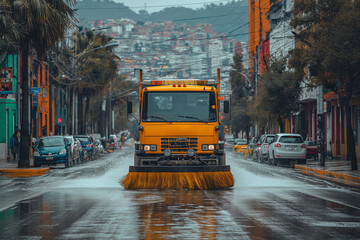 A yellow street cleaning truck cleans the city with brushes